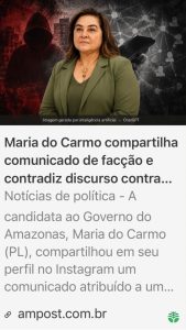 Maria do Carmo usa ameaça de Comando Vermelho contra adversários políticos